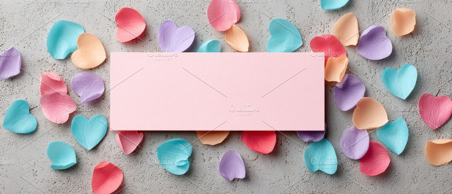 Blank pink card with colorful heart petals, a Holiday Photo by AlyaAnd
