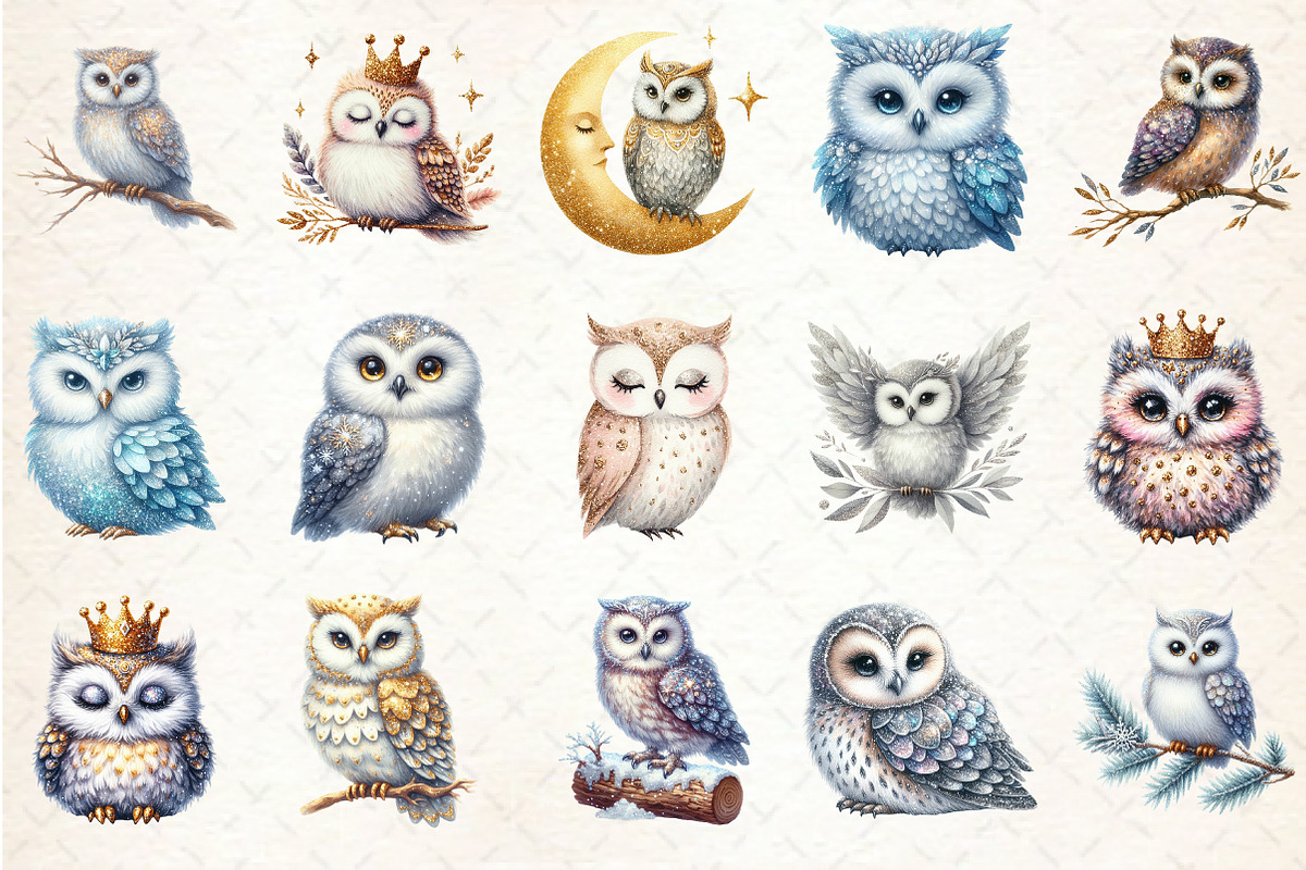 Watercolor Glitter Owl Clipart, an Illustration by Rose Art (Photo 2 of 4)