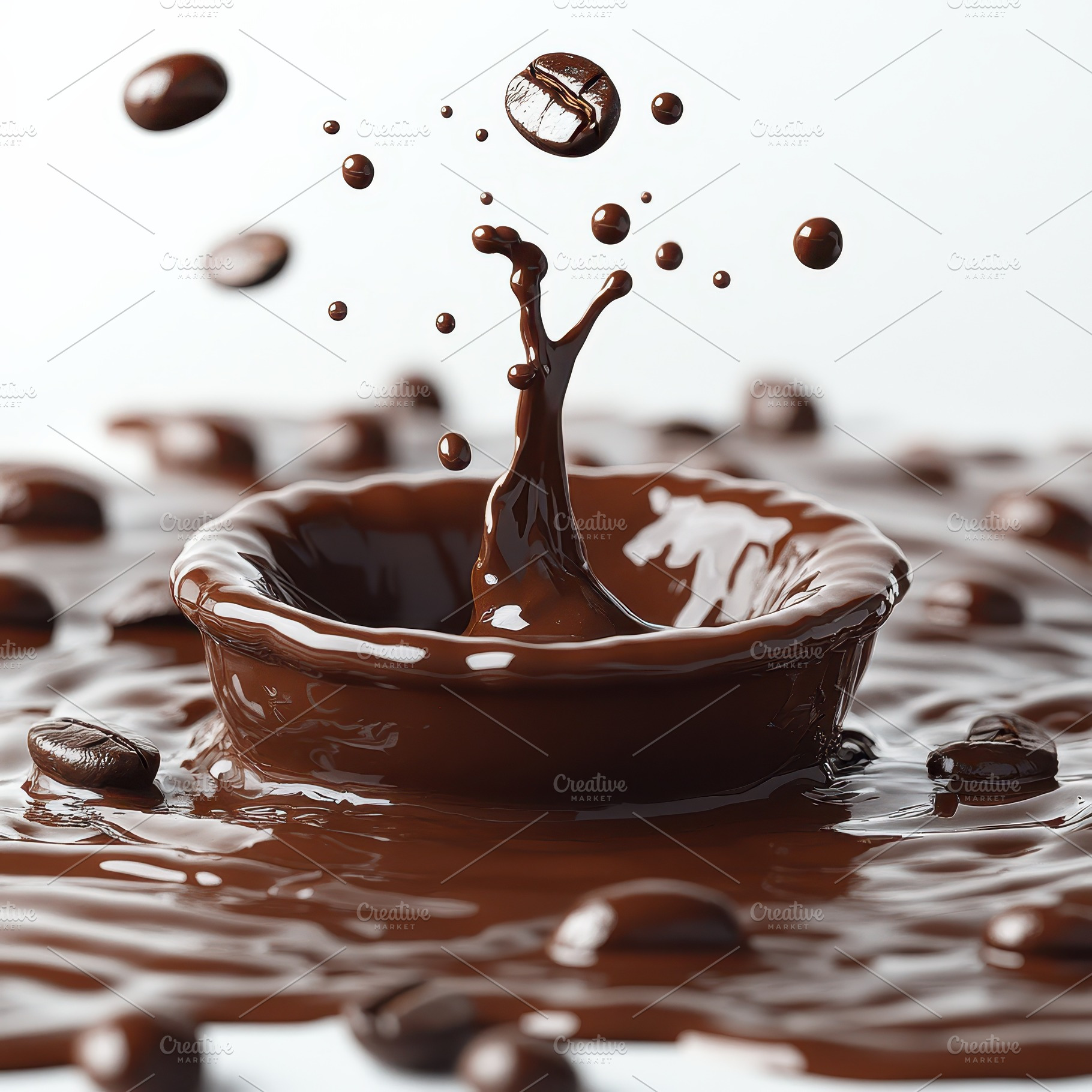 Coffee beans splashing into melted c, a Food & Drink Photo by Pixeness Studio