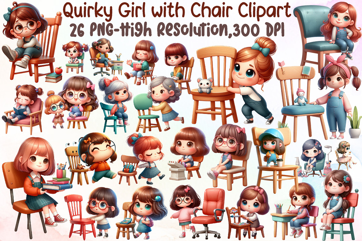 Quirky Girl with Chair Clipart Bundl, an Illustration by Sublimation Artist (Photo 1 of 6)