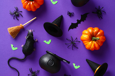 Happy Halloween holiday concept. Pattern made of Halloween decorations, pumpkin, a Holiday Photo by photoguns