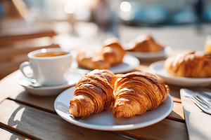 Baked croissants arranged on a white ceramic plate beside a cup of coffee in a, a Food & Drink Photo by AlyaAnd