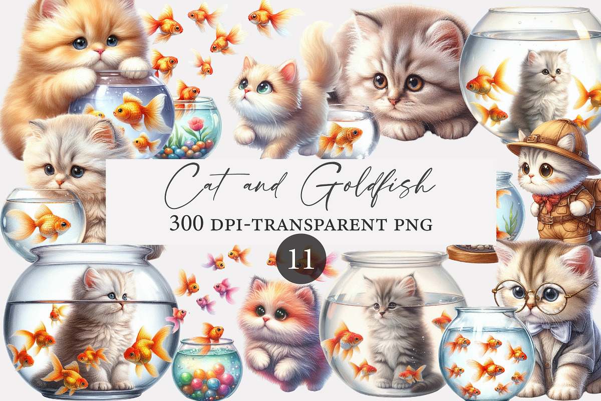 Watercolor Cat and Goldfish Clipart, an Illustration by Designworld (Photo 1 of 3)