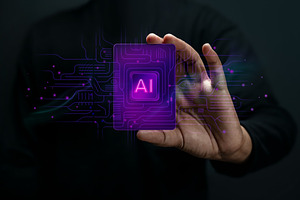 Hand Holding AI Chip in a dark tech futuristic theme. Artificial, a Photo by salmon.black