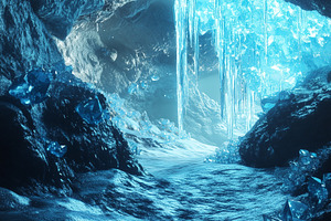 Inside of icy cave with glowing blue, a Nature Photo by MistyDay