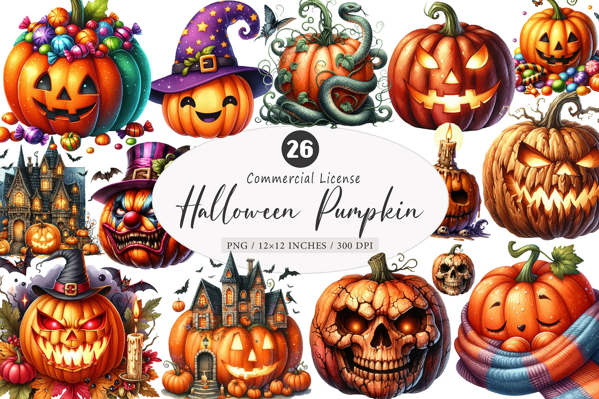 Halloween Pumpkin Watercolor Clipart, an Illustration by SinaCreation (Photo 1 of 5)