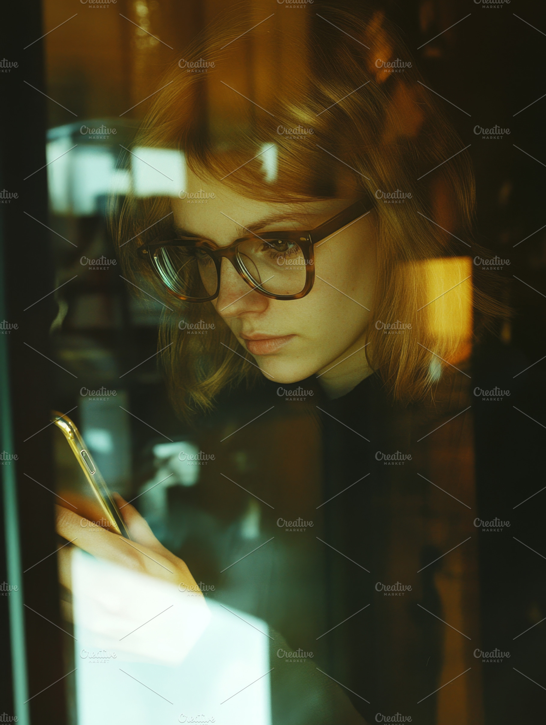 Woman Enjoying Coffee and Phone in Cozy Cafe, an Abstract Photo by Natalia Klenova's Shop