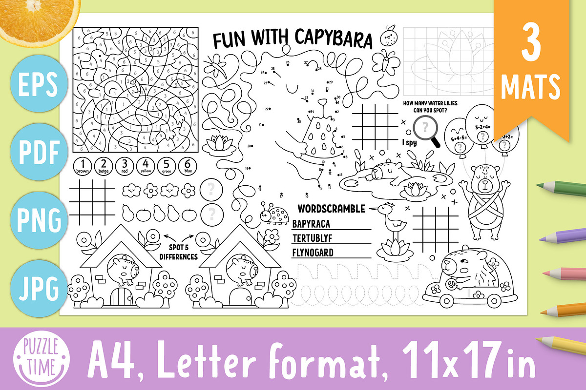 Capybara coloring activity play mats, an Education Illustration by Lexi Claus (Photo 1 of 6)