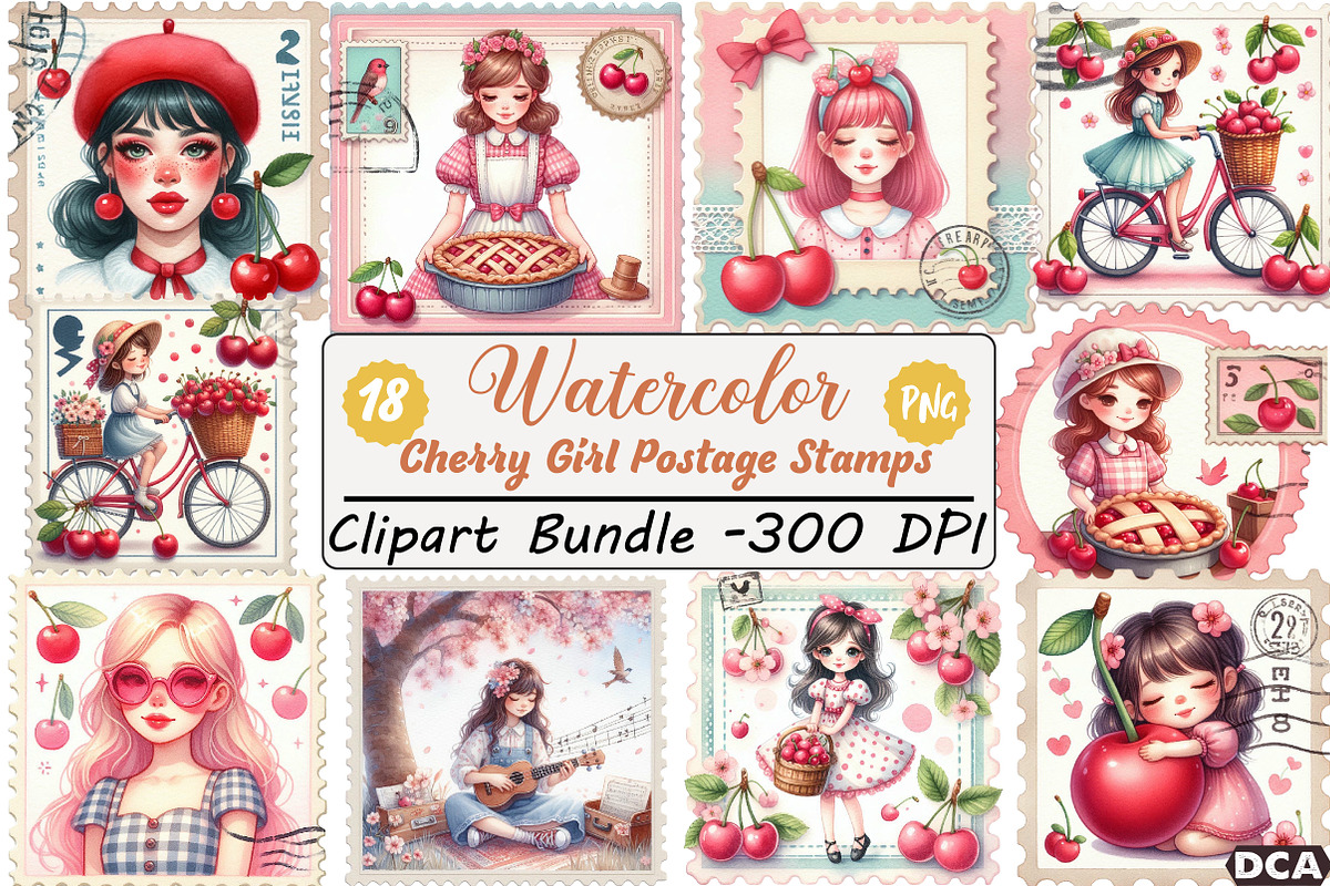 Cherry Girl Postage Stamps, an Illustration by DreamCafeArt (Photo 1 of 8)