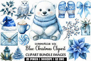 Watercolor Blue Christmas Clipart, an Illustration by Craft Nest