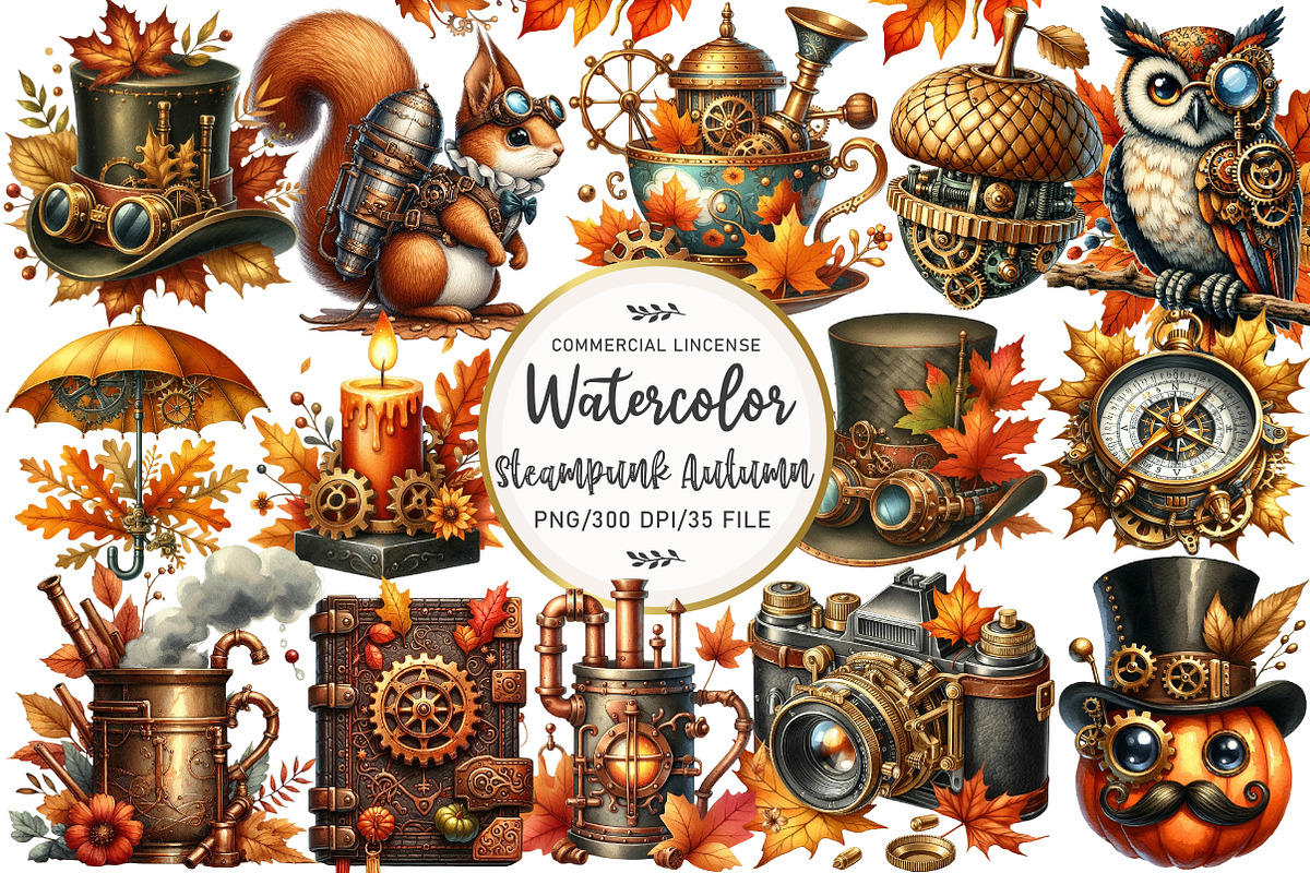 Steampunk Autumn Clipart, an Illustration by OK Design (Photo 1 of 5)