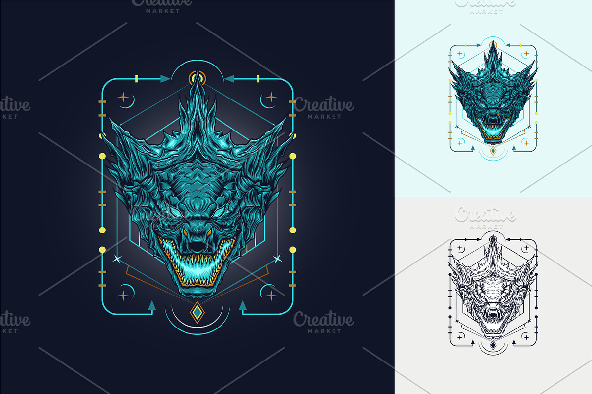 Godzilla head illustration, a Print Template by agora