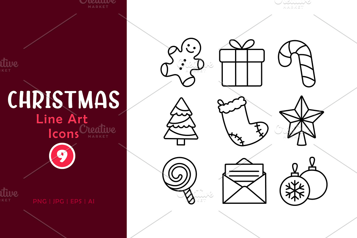 Christmas Line Art Icons Set, a Seasonal Illustration by Elen_Art (Photo 1 of 5)