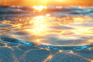 Golden sunset reflections on shallow beach water with soft waves, a Person Photo by José Manuel Gelpi
