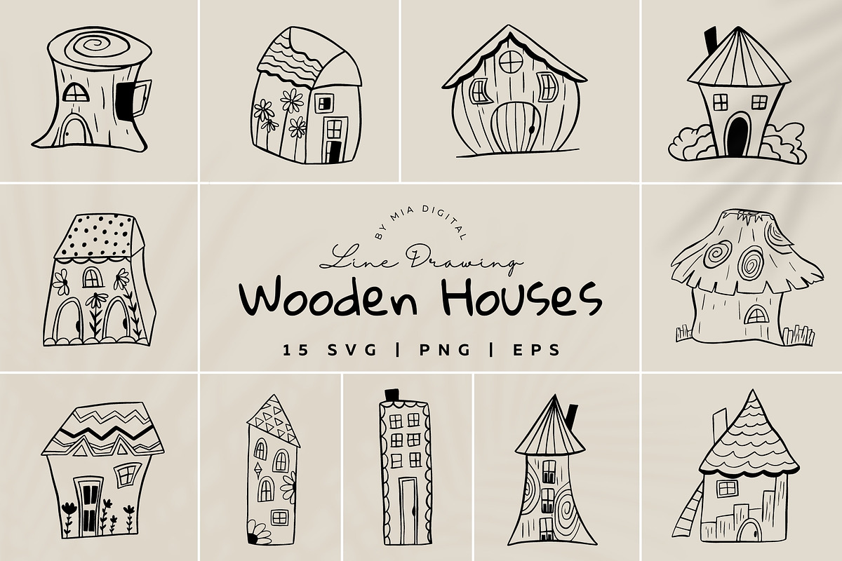Wooden House Lineart Vector Cliparts, an Illustration by Mia Digital (Photo 1 of 5)