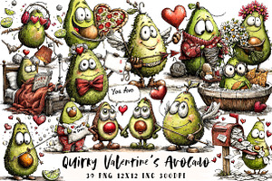 Quirky Valentine's Avocado Clipart, an Illustration by OK Design