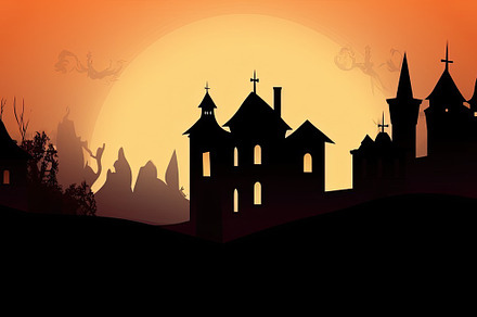 Orange halloween landscape with a haunted castle in the backgrou, a Holiday Photo by José Manuel Gelpi