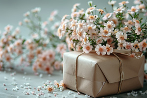 Premium gift box with delicate white flowers and soft pastel sty, a Holiday Photo by José Manuel Gelpi