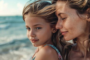 Portrait of happy mother and her daughter resting at beach, a Person Photo by AlyaAnd