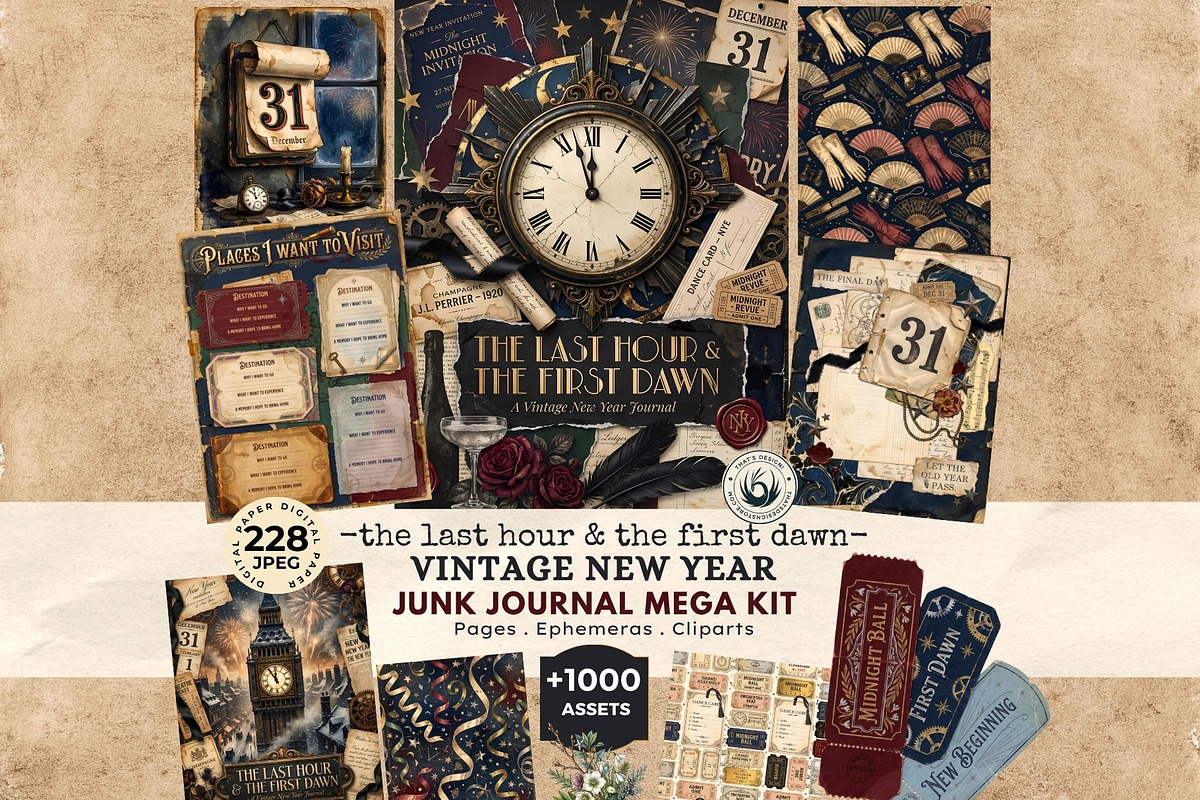 The Last Hour Vintage New Year Kit, a Seasonal Illustration by ThatsDesignArt (Photo 1 of 19)