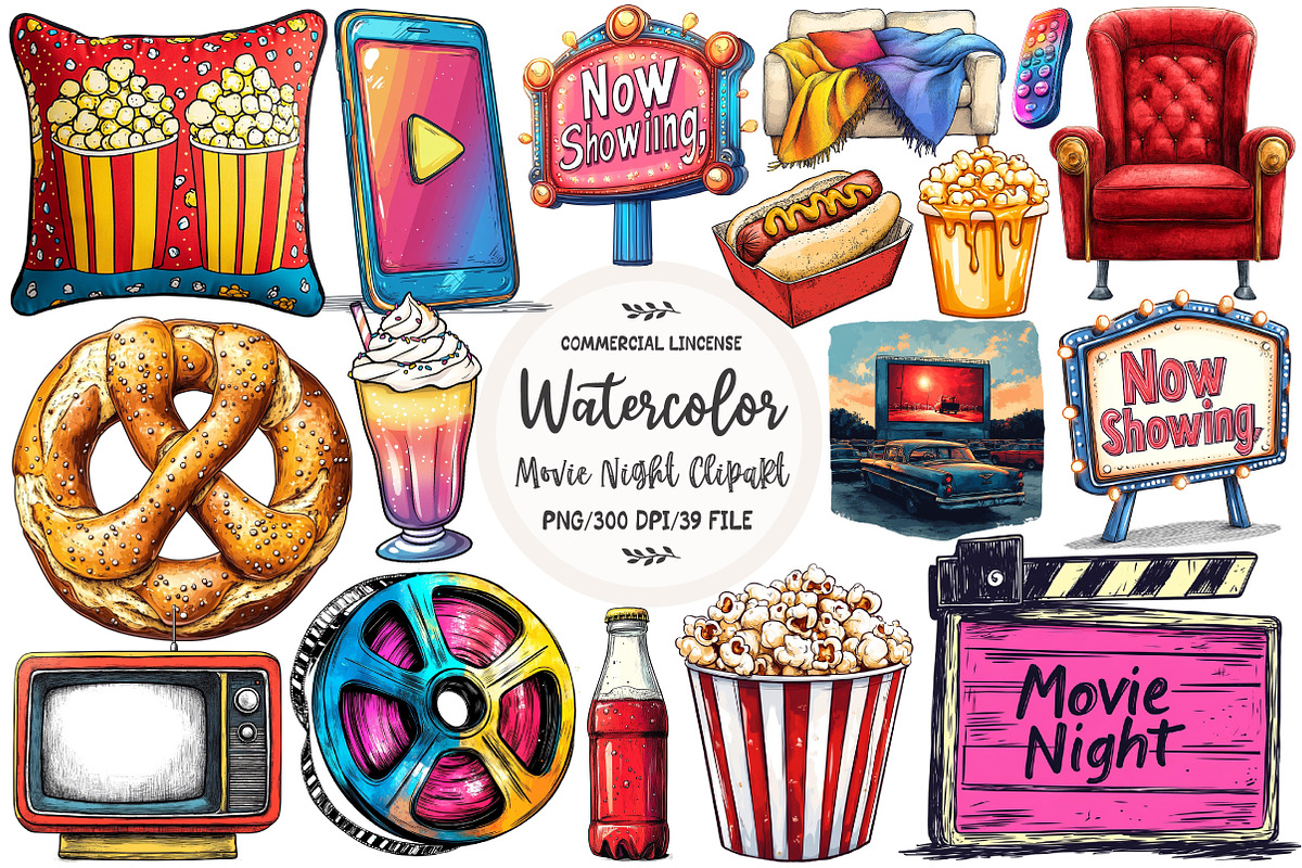 Watercolor Movie Night Clipart, an Illustration by OK Design (Photo 1 of 5)