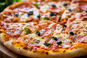 Pizza with melted cheese, ham, olive, a Food & Drink Photo by MistyDay