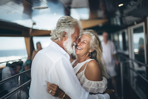 Caucasian elderly couple embracing joyfully, highlighting affect, a Photo by Dvoevnore photos