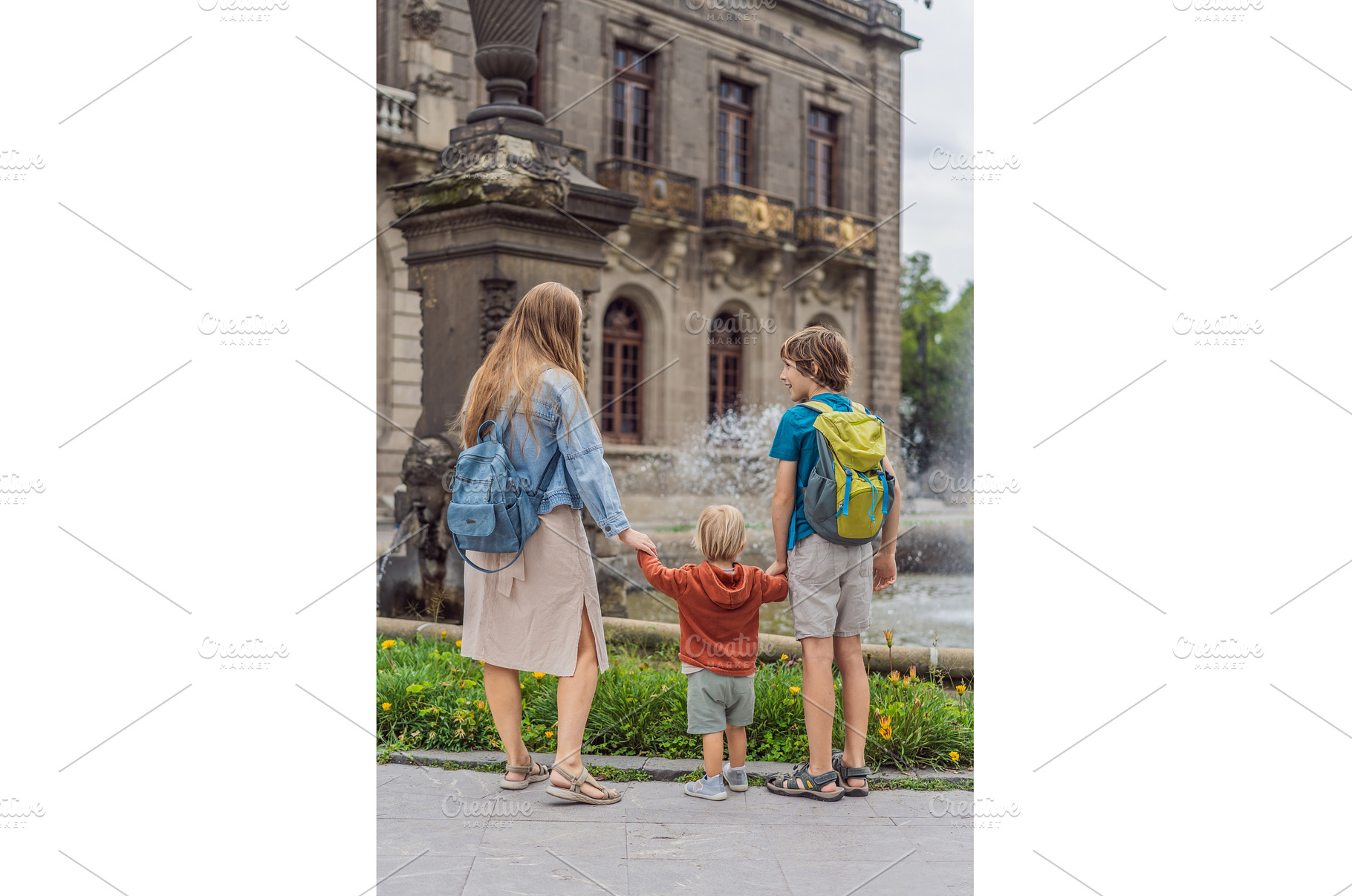 Mother with her two sons standing, an Architecture Photo by Elizaveta Galitskaya