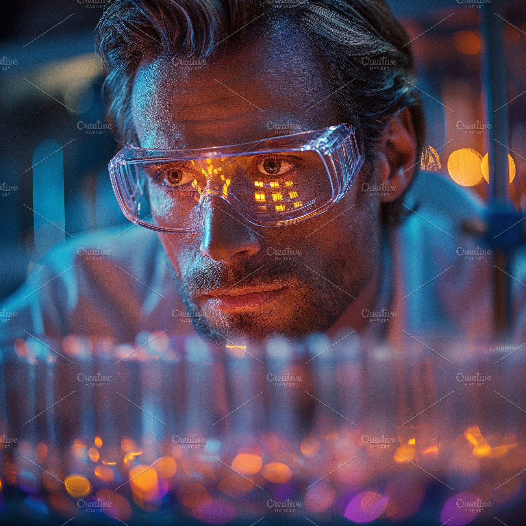 A focused Caucasian man in safety goggles analyzing test tubes in a colorful la, a Person Photo by ImageMir