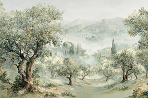 Mediterranean Olive Grove Wallpaper, an Illustration by Virgo Studio
