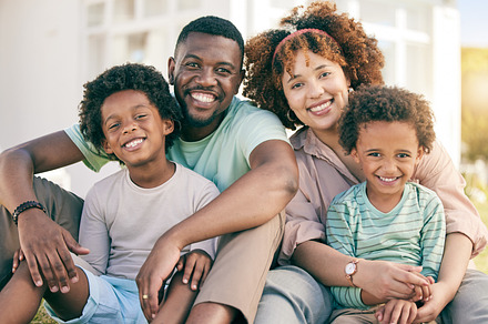 Portrait, love and black family outdoor, quality time and happiness with joy, cheerful and bonding together. Face, parents and mother with father, children or kids with smile, relax or loving outside, a Photo by Peopleimages.com