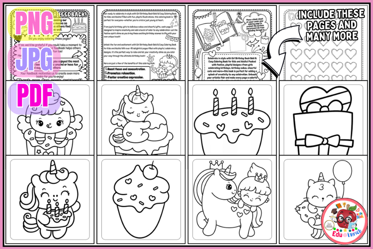 Girl Birthday Coloring Pages, a Seasonal Illustration by EduEnrich (Photo 2 of 3)