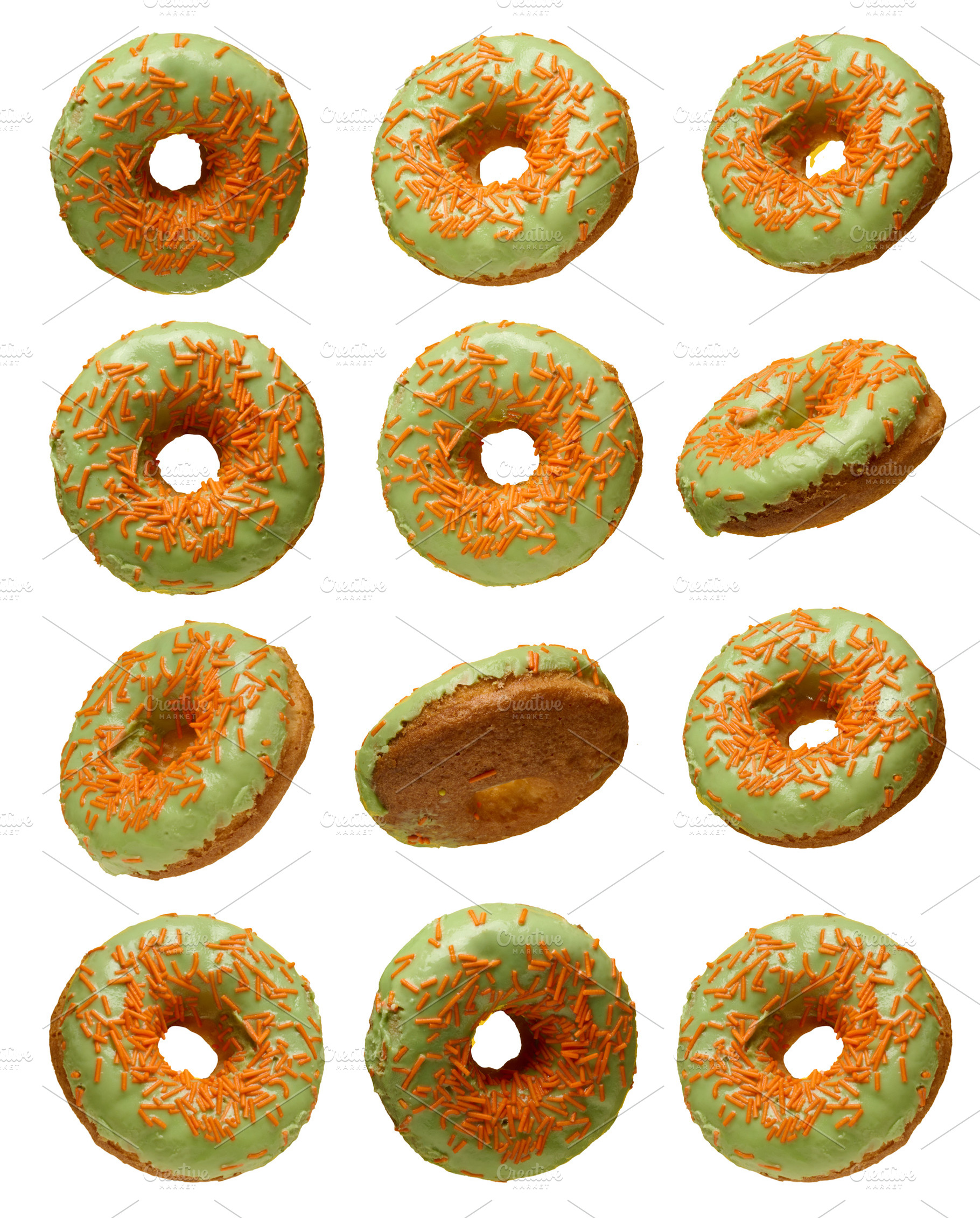 Green glazed donuts, each topped with orange sprinkles, presente, a Food & Drink Photo by ndanko