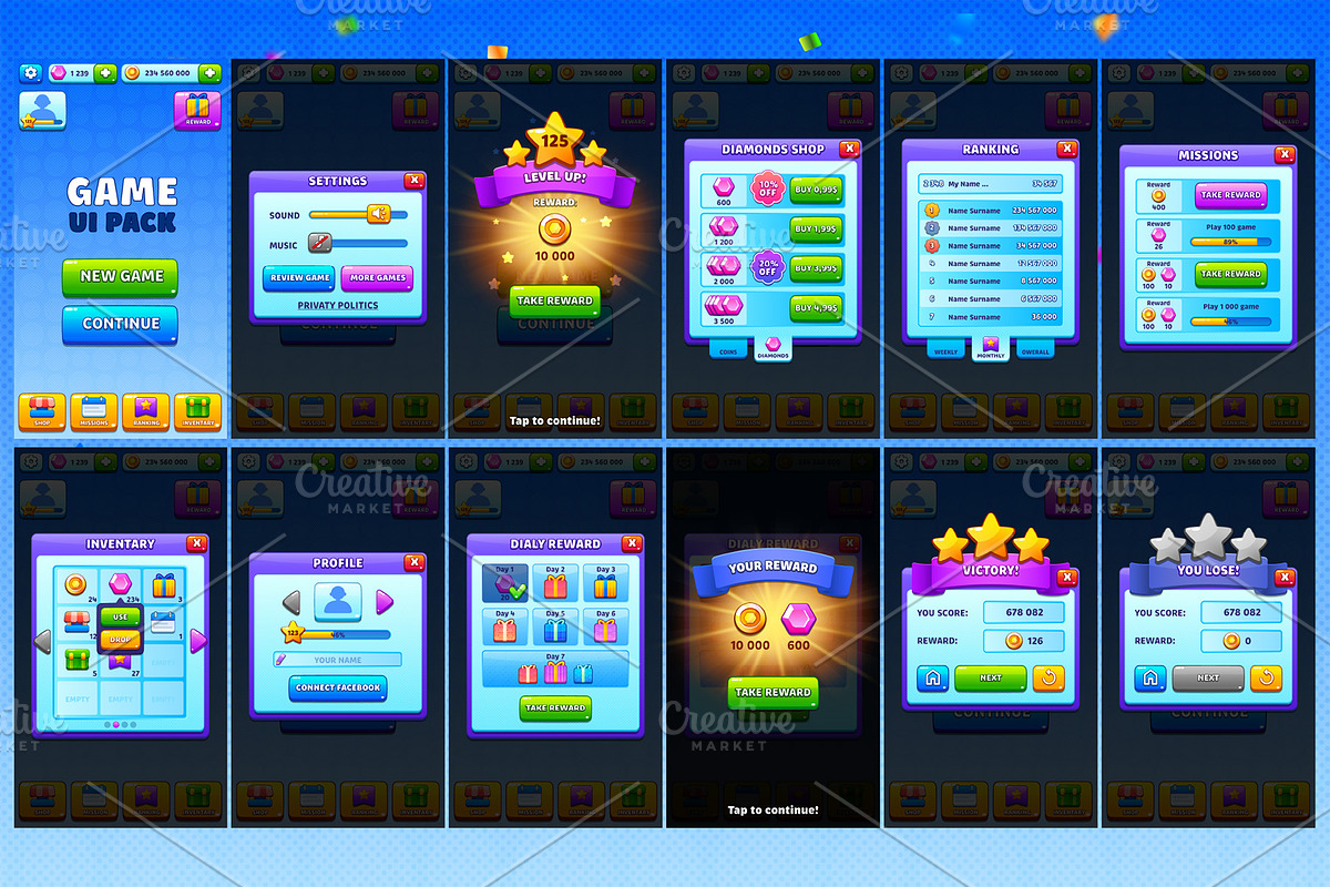 Game UI pack for mobile casual game, an UI Kit Template by KartInnka (Photo 2 of 18)