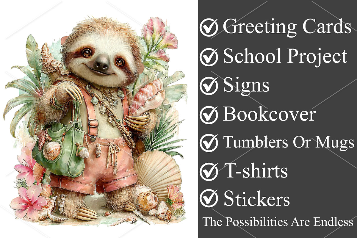 Whimsical Summer Lazy Sloth Clipart, a Seasonal Illustration by Canvas Craft (Photo 3 of 7)