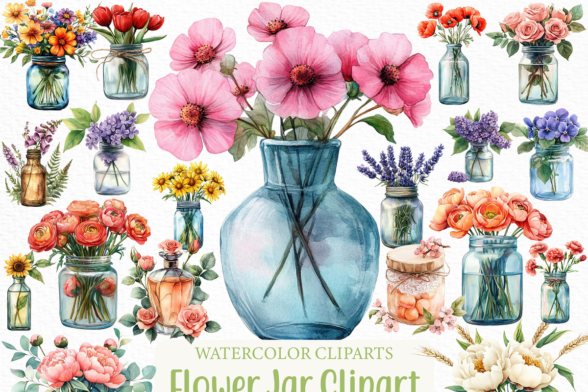 Watercolor Flower Jar Clipart Bundle, an Illustration by Craft Nest (Photo 1 of 6)