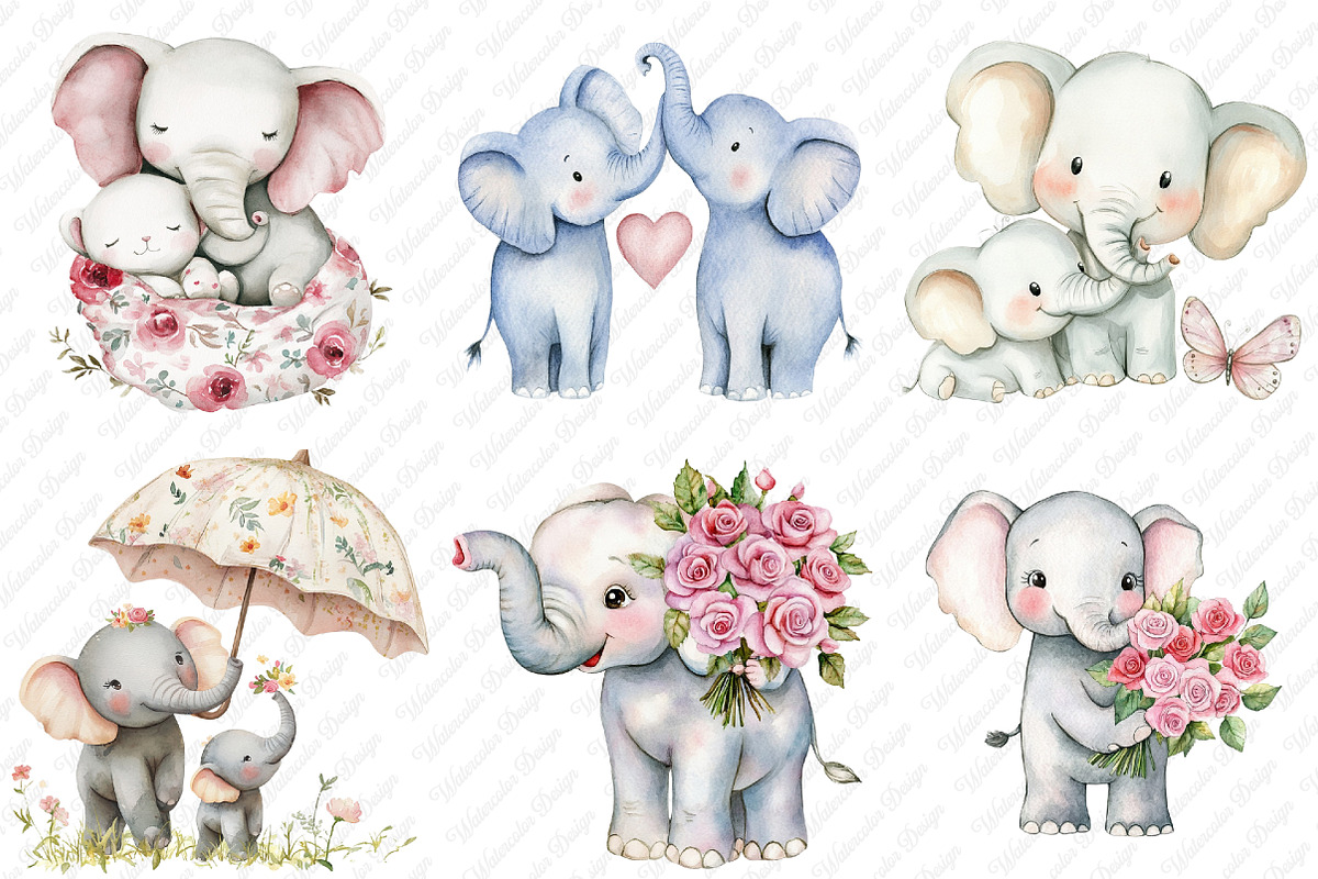 Mother's Day Elephant Clipart, an Illustration by Watercolor design (Photo 4 of 12)