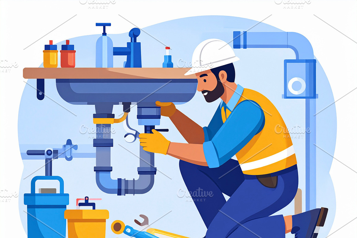 Man plumber fixing pipes under a sink illustration, a Person Illustration by DanFLCreativo