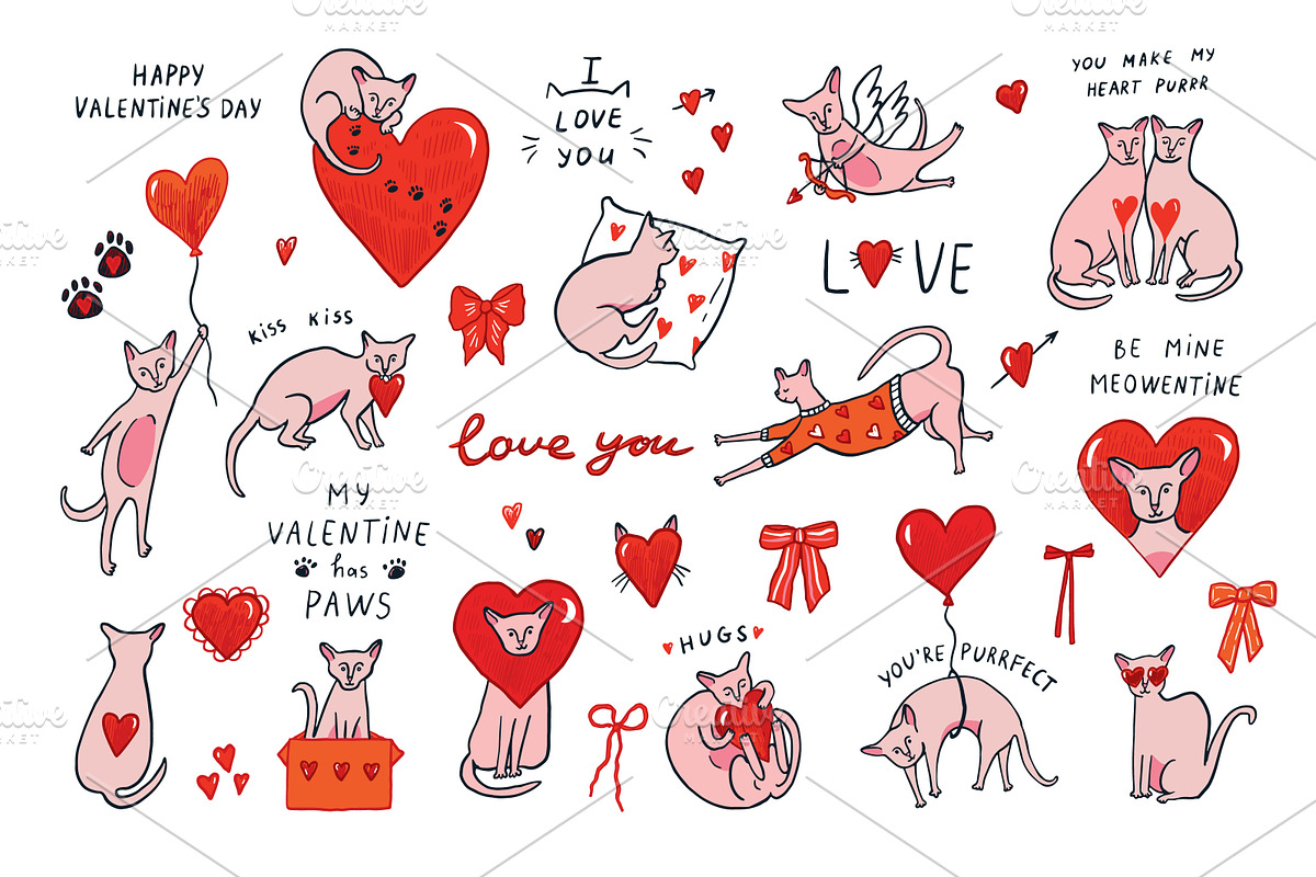 Valentine's Day Sphinx Hairless Cats, an Animal Illustration by GooseFrol (Photo 1 of 12)