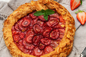 Delicious homemade strawberry galette with almond petals and fre, a Food & Drink Photo by Olena Rudo
