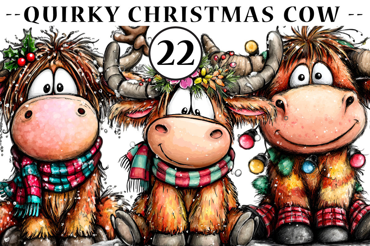 Quirky Christmas Highland Cow, an Illustration by CreationArt (Photo 1 of 5)