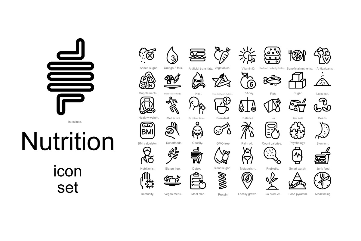 Set of Nutrition healthy food icons, an Outline Icon by Anada Arty