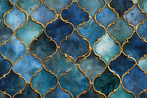 Blue and gold geometric tile pattern, a Photo by Pixeness Studio