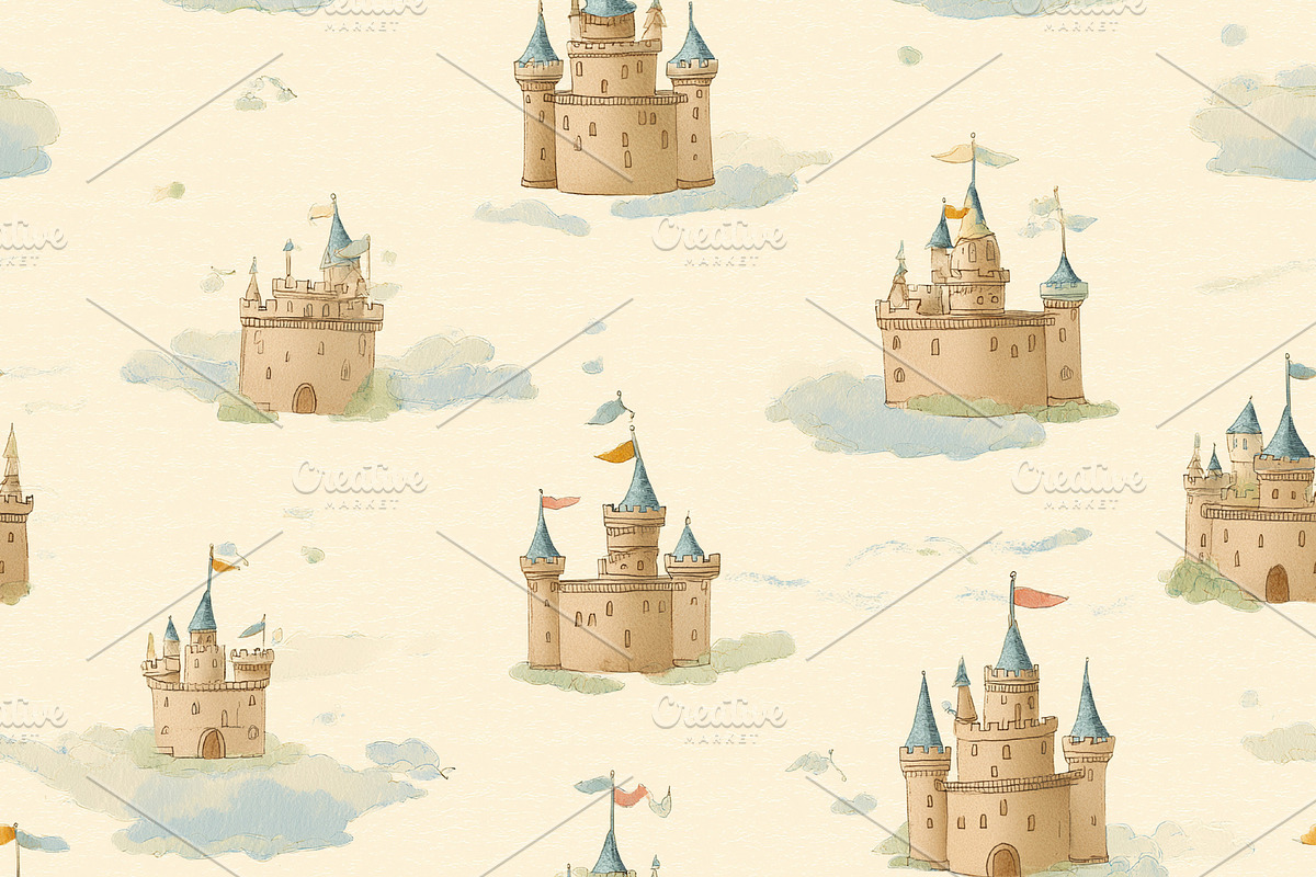 Seamless pattern, fairy tale castles flying on clouds watercolor, a Pattern Graphic by Studio ANNA