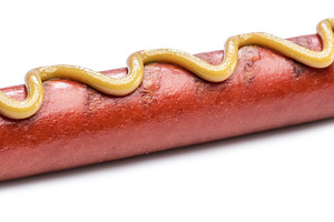 Grilled sausage with mustard isolate, a Food & Drink Photo by Volff