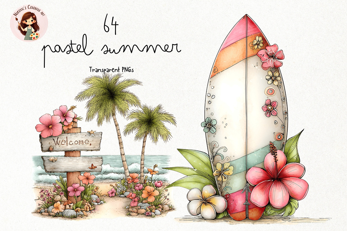 Pastel Summer Watercolor Clipart PNG, a Seasonal Illustration by Nicolle's Colorful Art (Photo 1 of 4)