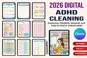 2026 Digital ADHD Cleaning Planner, a Stationery Template by Designmela01