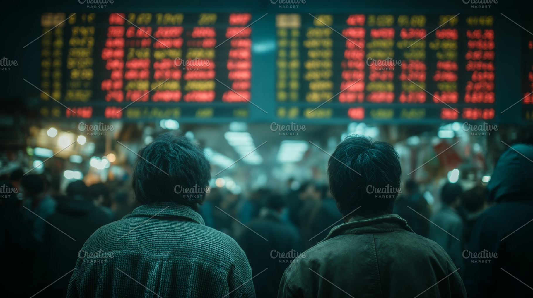 Two investors watching electronic stock market board in Japan amid crowded trad, a Photo by AS photostudio