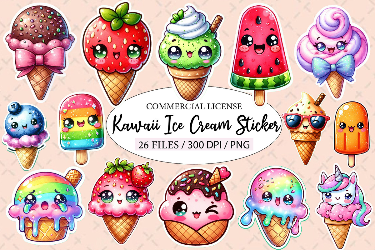 Kawaii Ice Cream Clipart Bundle, an Illustration by Designworld (Photo 1 of 5)