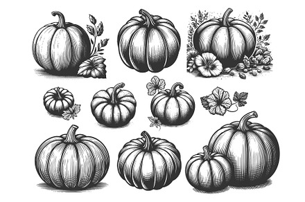Pumpkin engraving set vector, an Object Illustration by AlexArt